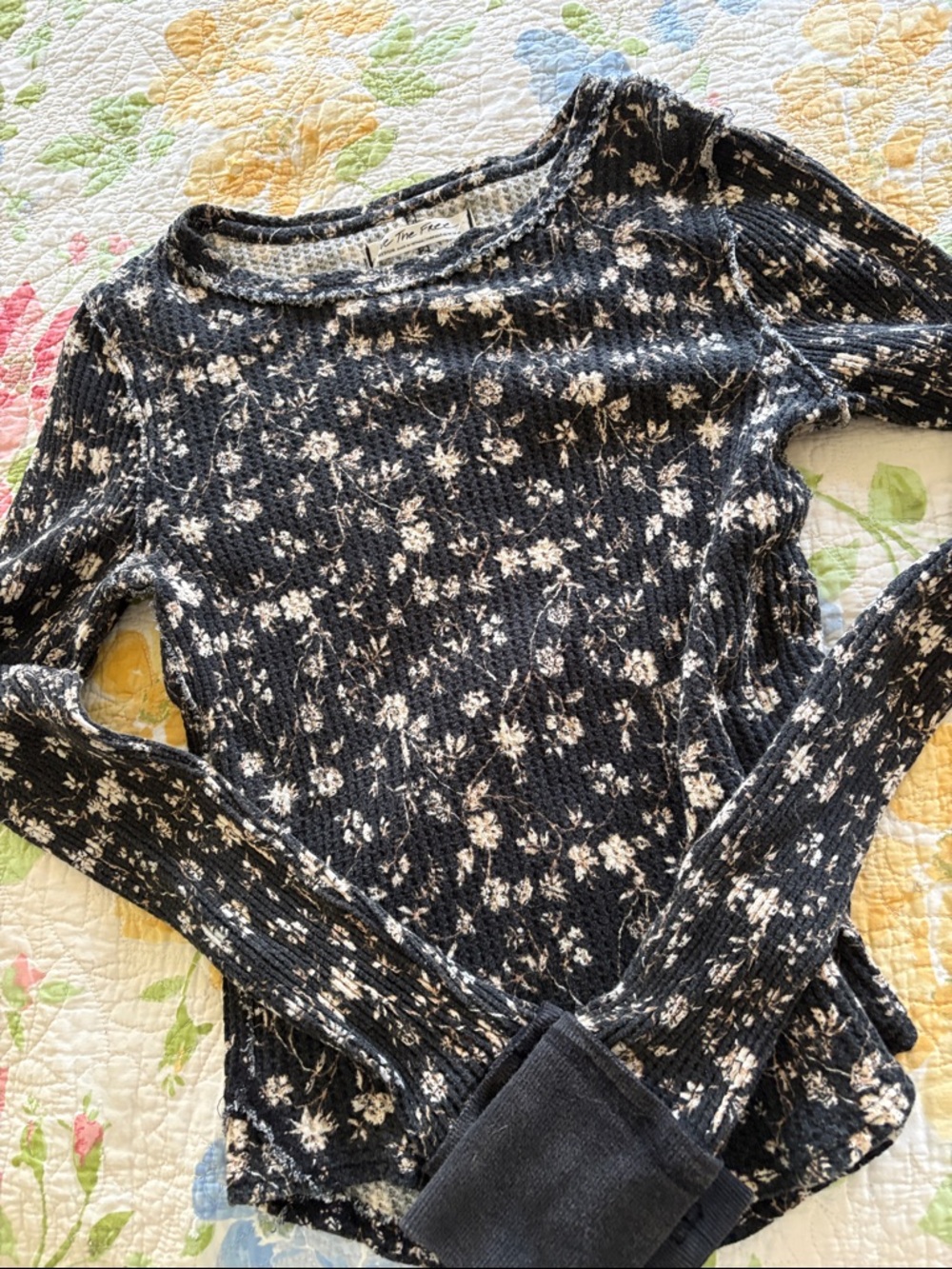 We The Free Black Floral Waffle Long Sleeve Top